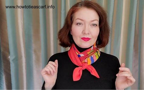 Scarf With Turtleneck, Short Scarf Tying, How To Style A Turtleneck, Style A Silk Scarf, Scarf Tying Tutorial, Turtleneck Sweater Outfit, Mock Dress, High Neck Shirts, Small Silk Scarf