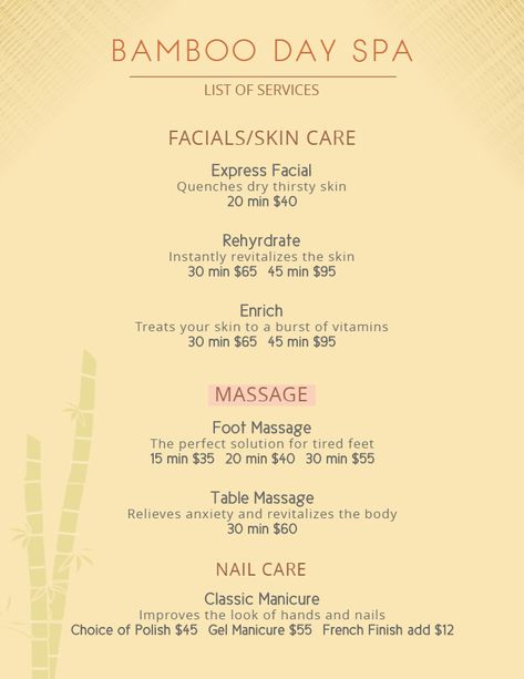 Spa and massage parlor price list flyer template. Spa Menu Ideas Price List, Massage Price List Ideas, Facial Price List Ideas, Facial Price List, Esthetician Notes, Esthetician Price List, Esthetic Business, Spa Price List, Facial Massage Spa