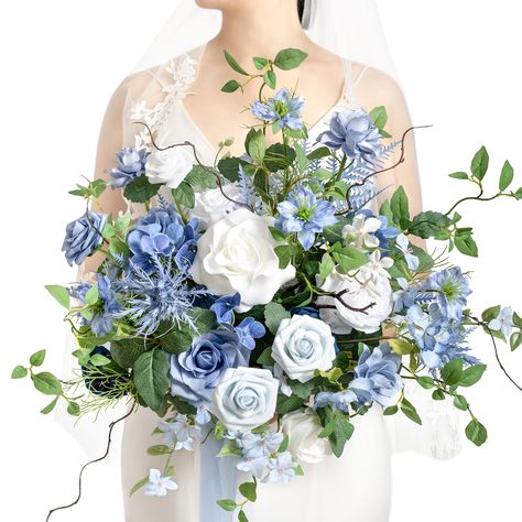 PRICES MAY VARY. Package: A 15 In Silk Free Form Dusty Blue and Green Wedding Bouquets for Bride with 3 ribbons wrapped on a card. Size: The Light Blue and Green Bridal Bouquets for Wedding is approx. 15" wide by 20" tall (includes sagging greenery) match with dusty blue/grey/ivory white chiffon ribbon. Well-designed: From choosing a color palette from natural scenery to styling, these are intricately designed by Ling's Moments experienced designers. This elegant Cascading Bridal Bouquet will he