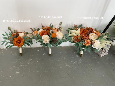 Orange And Green Wedding Bouquet, Rust Bridesmaid Bouquet, Sage Green And Peach Wedding, Rust And Sage Green Wedding, Sage Green And Terracotta Wedding, Fall Bridesmaid Bouquet, Burnt Orange Wedding Bouquet, Fall Wedding Bridal Bouquets, Bohemian Bridal Bouquet