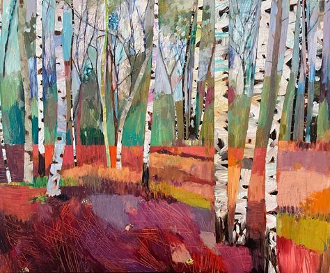 Morning Birches. Painting in acrylic and collage on a canvas 120cm x 100cm #largepainting #birches #silverbirches #forestlandscape #britishpaintings #colourinlandscapepaintings #contemporarylandscape Birch Painting, Birches Painting, Quilt Techniques, Abstract Trees, Painting In Acrylic, Birch Tree Painting, Quilt Art, Birch Trees, Abstract Tree