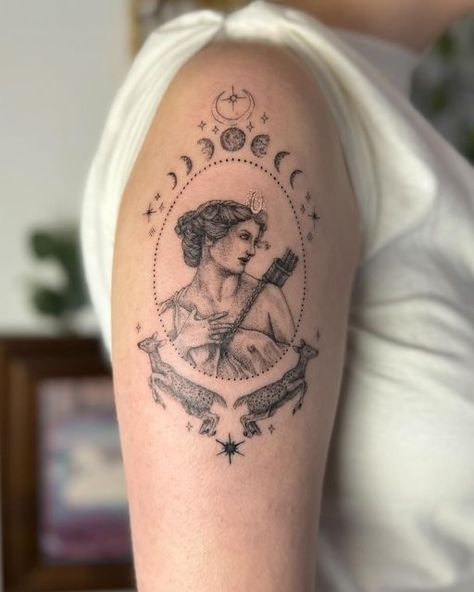 Anna Elizabeth Johnson on Instagram: "Artemis inspired by Guillaume Seignac ✨🌙

#tattoos #tattoo #botanicaltattoo #finelinetattoo #cutetattoo #smalltattoo #uktattoo #girlytattoo #naturetattoo #femaletattooartist #tattooideas #tattooinspiration #prettytattoo #illustrativetattoo #vintagetattoo #fairytaletattoo #greekmythology #goddess #greektattoo #artemis #arttattoo #artemistattoo #deertattoo #ornamentaltattoo" Artemisia Gentileschi Tattoo, Artemis Statue Tattoo, Diana Goddess Tattoo, Goddess Diana Tattoo, Artemis And Apollo Tattoo, Artemis Tattoo Design, Feyre Spine Tattoo, Aphrodite Goddess Tattoo, Huntress Tattoo