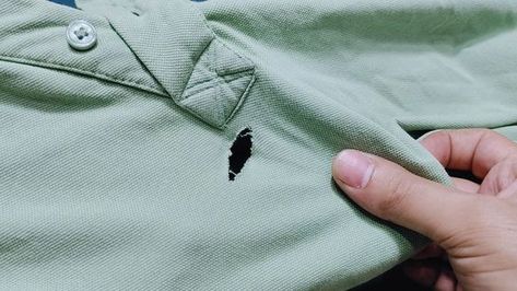 The easiest way to beautifully fix a hole on your t-shirt Fixing A Hole In A Shirt, Repair Hole In Tee Shirt, Tshirt Hole Repair, Fixing Small Hole In Tshirt, How To Fix A Hole In A Knitted Sweater, How To Repair A Hole In A Knit Sweater, Sewing For Beginners, Sewing, Crochet