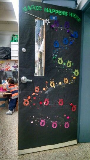 Classroom door, Magic Happens Here Cheer Camp Door Decorations, March Reading Month, Door Classroom, Painting Crafts For Kids, March Reading, Magical School, Reading Week, Magical Door, Magical Theme