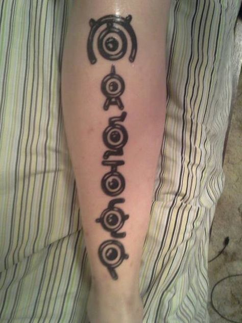 Unown Pokemon Tatt...so AWESOME!! Unknown Pokemon Tattoo, Unown Pokemon Tattoo, Unknown Alphabet, Unknown Pokemon, Unown Pokemon, Pokemon Tattoos, Alphabet Tattoo, Pokemon Tattoo, Doodle Tattoo