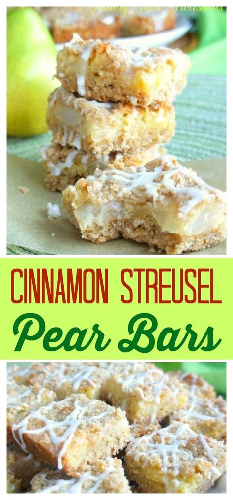 These Cinnamon Streusel Pear Bars combine a cinnamon oatmeal crust, pear and cinnamon chip filling and a cinnamon oatmeal crumb topping. Finally icing is drizzled on top to make them even more scrumptious! Apple And Pear Crumble Recipes, Apple Pear Walnut Crisp, Pear Pie With Crumb Topping, Pear Bars, Baked Pears With Oatmeal Crumble, Pear And Blueberry Crumble, Oatmeal Crumb Topping, Oatmeal Crust, Pear Bread