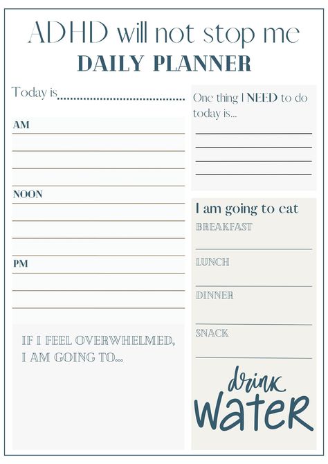 If you have ADHD, ADD or are Neurodivergent, this planner is a simple and effective tool to encourage positivity and productivity each and every day.  It can be a challenge to even think about completing the planner, let alone the tasks on it, so this planner focuses on key activities that help manage mood and concentration such as food, exercise and success.  Suitable for adults and teens alike looking to explore how to improve productivity. This planner is a total of 3 pages that can be used on any day of the week, in any week of the year!  The product is a PDF that can be download.  ❤As the owner of NeuroHaven with personal experience of ADHD, I hope you enjoy this planner.❤ Medical Binder, To Do Planner, Life Vision Board, Todo List, Improve Productivity, Productivity Planner, Work Organization, Blank Book, Daily Planner