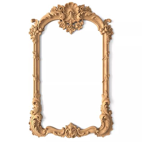 Baroque style beech arched hanging frame mirror#additional-separator##additional-separator#This wooden frame is made in the charming Baroque style. It has an elongated rounded shape, the surface of which is decorated with a delightful pattern with plant and floral elements. A truly pompous, luxurious composition gives some statuesque and refined notes. The top is made in the form of an arch, this design solution create some soft, elegant features. The product is intended for framing mirrors used Wooden Mirror Frame Design, Wood Photo Frame Design, Baroque Mirror Frame, Framing Mirrors, Carved Mirror Frame, Wooden Frame Mirror, Baroque Wall, Object Reference, Carved Mirror