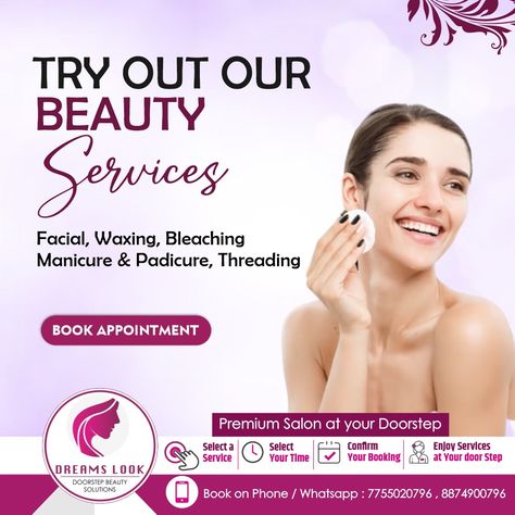 "Take some time to pamper yourself and indulge in our luxurious beauty services. From rejuvenating facials to relaxing massages, we have everything you need to look and feel your best." . Book your appointment now! Salon at Home ---------- Contact us @ 7755020796 . . #makeup #homesalon #faial #facialtreatments #bestsalon #salonathome #feelgood #skincare #beautyservices #Females #skin #beautifulskin #facialathome #spa #bebeautiful #beyoung #beauty #makeupartist #Facialtreatments #salon Salon Services Poster, Salon Creative Ads, Salon Post Ideas, Skin Care Clinic, Makeup Salon, Food Poster Design, Beauty Guide, Best Salon, Beauty Parlor