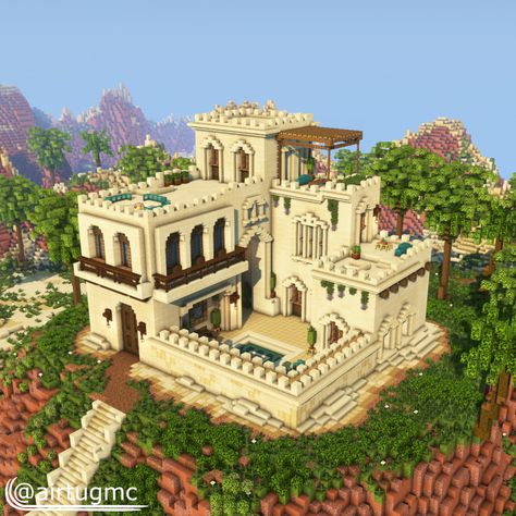 Greek Castle Minecraft, Minecraft Desert Oasis Builds, Minecraft African House, Minecraft Glazed Terracotta Ideas, Minecraft Sand Temple, Aqueduct Minecraft, Sandstone House Minecraft, Minecraft Mediterranean House, Desert Minecraft Houses