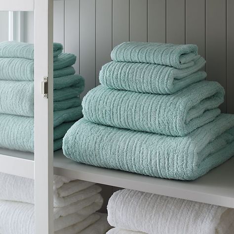 Ribbed Seafoam Hand Towel | Crate and Barrel Turquoise Cottage, Spa Style, Blue Cottage, Cottage By The Sea, Wash Cloths, Bathroom Spa, Main Bathroom, Blue Towels, Towel Collection