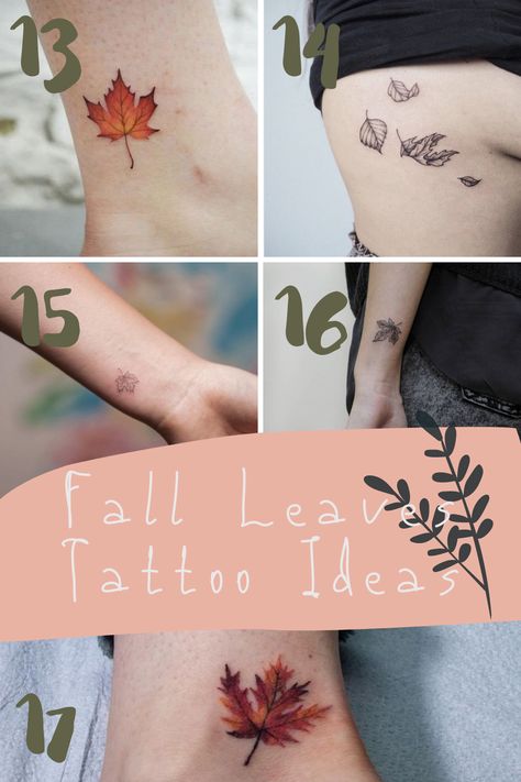 Meaningful Leaf Tattoo Ideas for Every Season of Life - tattooglee Fall Inspired Tattoos Small, Four Seasons Tattoo Symbols, Fall Leaf Tattoo Autumn, Mini Leaf Tattoo, Fall Leaf Tattoo Small, Leaves Tattoo Meaning, Seasonal Tattoos, Fall Tattoos For Women, Small Leaves Tattoo