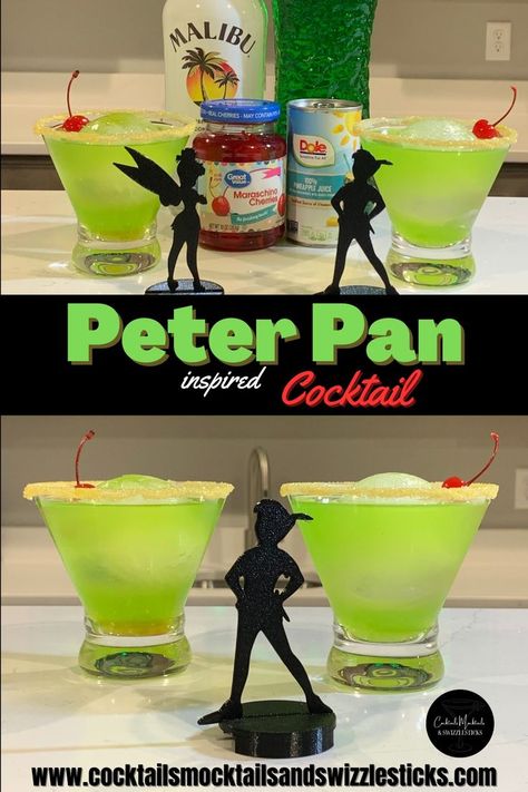 This image shows two green drinks with gold rim and red cherry garnish with a silloutte of peter pan and tinkerbell in front and bottles behind them Live Action Peter Pan, Disney Alcoholic Drinks, Mixed Drinks Alcohol Recipes, Peter Pan Wendy, Peter Pan Party, Disney Drinks, Disney Dinner, Party Drinks Alcohol, Yummy Alcoholic Drinks