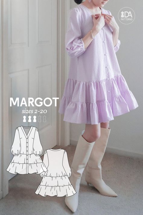 Inspired by the crisp but sweet femininity, this bishop-sleeved, ruffled Margot dress is a flattering design that will put a smile on your face. MARGOT Ruffled Dress PDF Digital Sewing Pattern for Women Sizes US 2-20 After your purchase you will receive: an instructional ebook, the pattern in 10 sizes and 2 formats, A4/Letter and A0 copyshop, and the video tutorial. Design: Flowy dress with 2 ruffle layers Loose silhouette Above knee-length V-neckline 3/4 bishop sleeves Front button closure Mode Sewing Patterns For Dresses, Patterns For Dresses, Ruffled Dress Pattern, Indie Patterns, Maxi Dress Pattern Sewing, Dress Sewing Patterns Free, Sewing Challenge, Ruffled Dress, Sewing Design