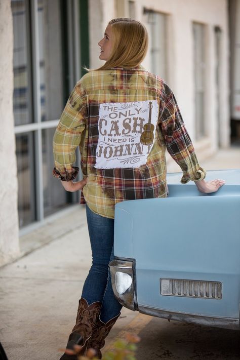 "The Only Cash I Need Is Johnny" flannel shirt - A woven plaid shirt featuring a bleach dye, basic collar, button front, long sleeves with button cuffs. Finished with two button-through flap pockets. Not too slim, not too relaxed on body. Hand-bleached. Colors may vary. Exceptional 100% cotton fabric for extra softne Flannel Refashion, Upcycle Tops, Flannel Shirt Refashion, Clothing Refashion, Bleach Shirt Diy, Ty Dye, Denim Slides, Bleached Flannel Shirt, Upcycled Flannel