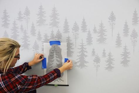 This amazing Mountain pines stencil kit helps you to easily create a beautiful forest wall mural using simple DIY painting techniques. Diy Painting Techniques, Tape Mural, Spring Mural, Mural Diy, Wall Stencils Diy, Mountain Wall Mural, Accent Wall Stencil, Nursery Accent Wall, Wall Murals Diy