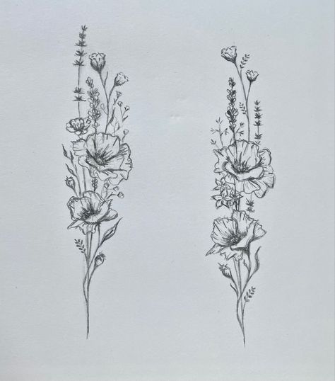 Wildflower Tattoo Drawing, Wildflower Tattoo Designs Sketches, Wild Flower Back Tattoo, Wildflower And Barley Tattoo, Blanket Flower Tattoo, Wildflower Drawing Tattoo, Wildflower Bouquet Drawing, Wild Flower Tattoo Sleeve, Wildflower Spine Tattoo