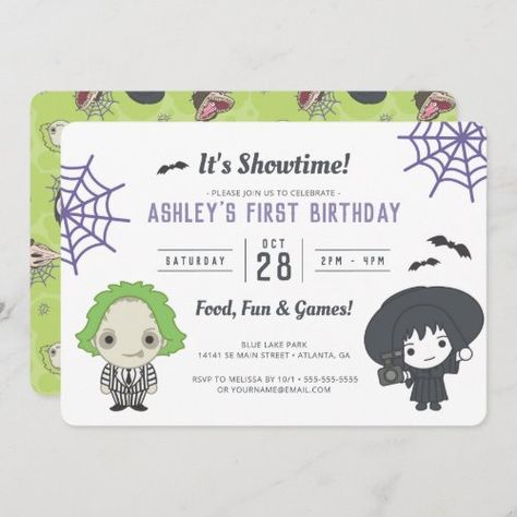 $3.32 | Beetlejuice Birthday | Halloween Birthday Invitations | it's showtime, beetlejuice, halloween, first birthday, gender neutral birthday, beetlejuice birthday, halloween birthday, beetlejuice birthday invitation, halloween birthday invitation, second birthday Beetlejuice Invitations, Beetlejuice Birthday, Beetlejuice Party, Two Spooky, Neutral Birthday, Halloween First Birthday, Halloween Gender Reveal, Birthday Party Snacks, Baby Birthday Themes