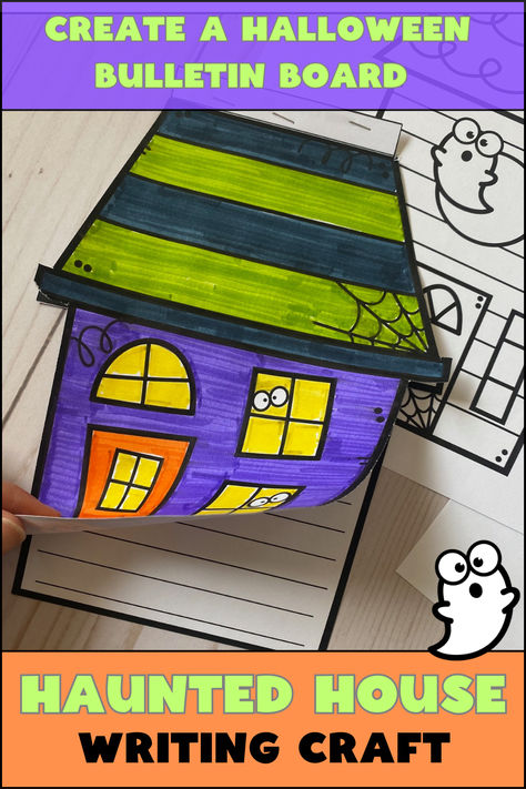 Are you looking for a fun & engaging Halloween art and writing craft for your students? This Haunted House Writing Craft is a cute craft that combines writing and art and keeps your students engaged while being creative & having fun! It's also makes an adorable display for your writing-wall bulletin board. Students can color one of five haunted houses! Then they can write all about their haunted house or haunted house adventures! #halloweenwriting #hauntedhousecraft #teachers #halloween Haunted House Writing, Writing Wall, Haunted House Craft, Halloween Bulletin Boards, Halloween Writing, Art And Writing, Cute Craft, Elementary Writing, Writing Crafts