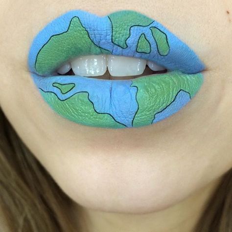 Earth Day Inspired "Globe" Lip Art by Makeup Artist Laura Jenkinson ♡♥♡��♥♡♥ #LipArt #lips #EarthDay Earth Day Makeup, Neutral Lip Color, Makeup 101, Face Art Makeup, Wink Wink, Eye Makeup Pictures, Colors For Skin Tone, Dark Lips, Lip Designs