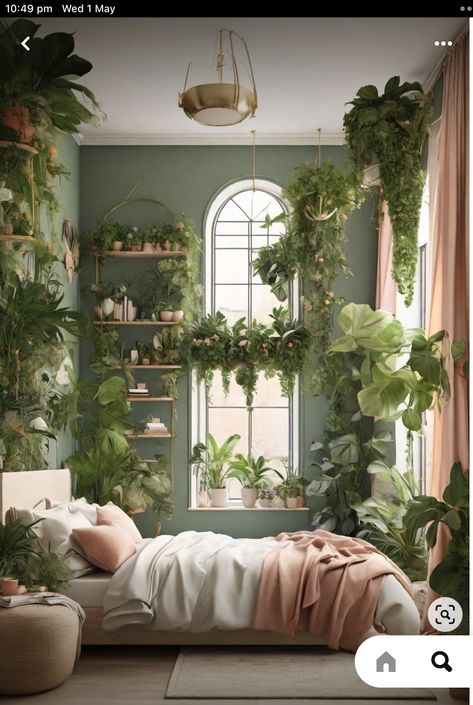 Urban Bedroom Decor, Hanging Plant Ideas, Urban Jungle Bedroom, Jungle Retreat, Botanical Bedroom, Interior Decoration Ideas, Jungle Bedroom, Green Room Decor, Bring Nature Indoors