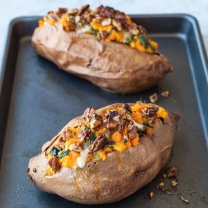 Garnet Yams Stuffed with Spinach and Cheese Recipe | Williams Sonoma Taste Stuffed Yam Recipes, Yam Bake Recipe, Stuffed Yams Vegetarian, Stuffed Yams, Nutty Yam Bake, Yams Recipe Healthy, Poundo Yam, Quinoa Stuffed Butternut Squash, Sweet Potato Boats