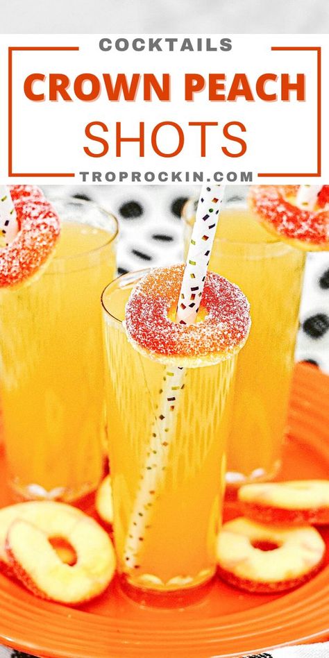 Love Peach Crown Royal Recipes? I've got 14 recipes for Peach Crown Royal Recipes! Here's a quick and easy one, Peach Ring Shots. Perfect for getting the party started with fun Peach Crown Royal Recipes. Cheers! Peach Shots Alcohol, Peach Shots Recipe, Crown Peach Drink Recipes, Peach Crown Royal Recipes, Peach Shots, Peach Crown Royal, Peach Schnapps Drinks, Crown Royal Recipes, Crown Drink