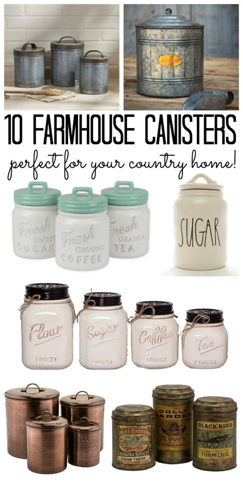 Great farmhouse canisters for your country home! From mason jars to galvanized and more! #farmhouse #farmhousestyle #kitchen #rustic Countertop Concrete, Farmhouse Canisters, Farmhouse Makeover, Farmhouse Side Table, Country Chic Cottage, Kitchen Rustic, Farmhouse Inspiration, Farmhouse Decorating, Jar Ideas