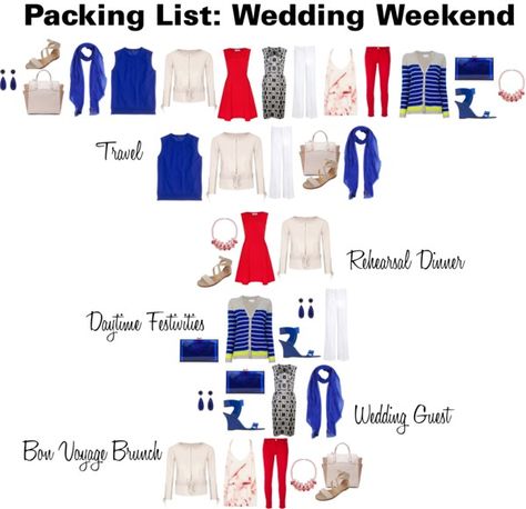 "Packing List: Wedding Weekend" by amyz333 on Polyvore Wedding Weekend Outfits Guest, Wedding Guest Packing List, Wedding Weekend Outfits, Wedding Packing List, Capsule Wardrobe Examples, Wedding Packing, Atlanta Travel, Smart Packing, Weekend Packing