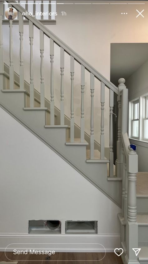 Revere Pewter Staircase, French Grey Staircase, Grey Handrail Stairs, Gray Staircase Ideas, Light Grey Staircase, Victorian Bannister, Coloured Bannister, Painted Bannister Ideas, Painted Handrails For Stairs