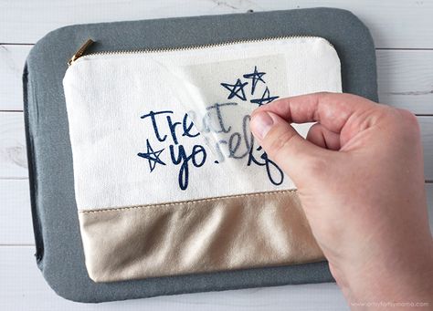 Treat Yo' Self Zippered Pouch | artsy-fartsy mama with Cricut iron on vinyl Bridesman Gifts, Sister Picture Frames, Vinyl Pouch, Cricut Iron On Vinyl, Canvas Zipper Pouch, Pouch Craft, Traveler Notebook Inserts, Vinyl Ideas, Zippered Pouch