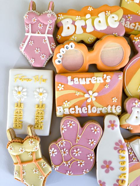 Groovy Bridal Shower Cookies, Groovy Bachelorette Cookies, Dazed And Engaged Bachelorette Cookies, Bachelorette Groovy Theme, Dazed And Engaged Cookies, Disco Bachelorette Cookies, Bachelorette Sweets, Groovy Bridal Shower Ideas, Retro Bachelorette Party Decor