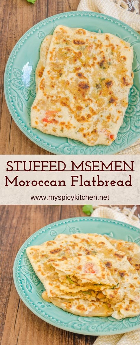 Ground chicken stuffed msemen is a Moroccan stuffed flatbread.  It is very soft and usually served for breakfast or for tea.  #StuffedFlatbread #MoroccanStuffedFlatbread #MoroccanFood Moroccan Stuffed Flatbread, Afgani Recipes, International Breakfast, Stuffed Flatbread, Moroccan Bread, Ramadan Food, Persian Recipes, Yummy Healthy Breakfast, Chicken Stuffed