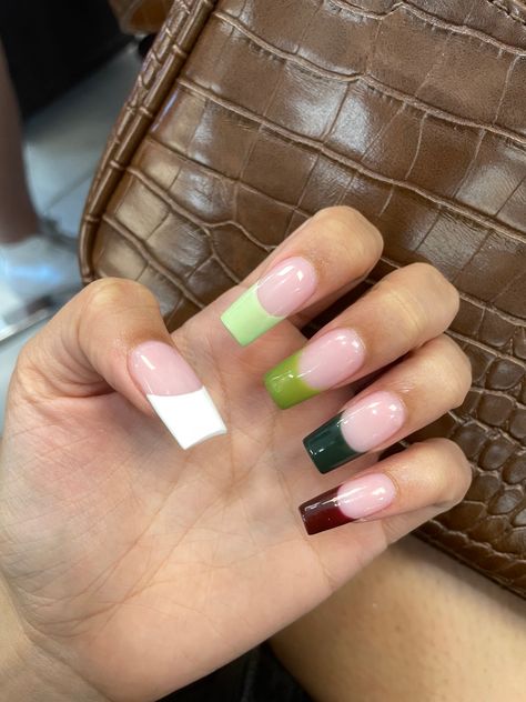 Block French Tip Nails, Coloured French Tips Square, Color Block French Tip Nails, Square French Tip Acrylic Nails Colorful, Multi Colored French Tip Nails Square, Colorful French Tips Square, Mismatched French Tip Nails, Mismatch French Nails, French Tip Nails Different Colors