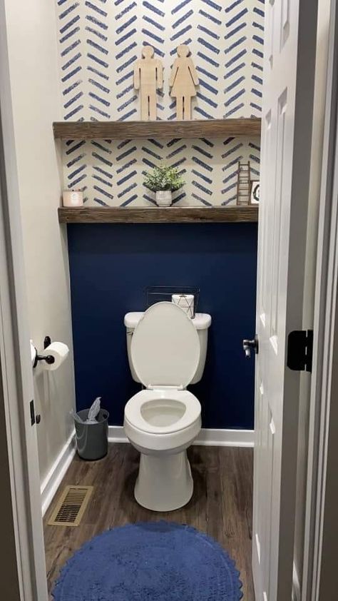 Under Stair Bathroom Wallpaper, Small Restroom Wallpaper, Easy Toilet Room Makeover, Blue Water Closet, Easy Half Bathroom Updates, Small Basement Half Bathroom, Half Bath Accent Wall Ideas Paint, Behind Toilet Wallpaper, Teal Half Bathroom Ideas