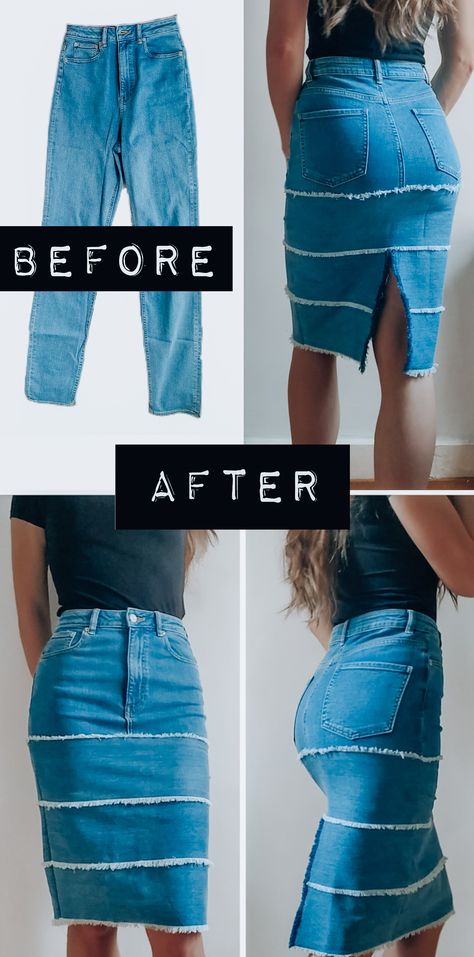 Don't need to buy new clothing. Try to upcycle your old jeans. See how to turn old jeans into a new skirt. Thrift flip clothing. Old jeans into a midi skirt. How To Make A Jean Skirt Out Of Jeans, Skirt Thrift Flip, Reuse Old Jeans, Recycling Clothes, Midi Denim Skirt, Midi Denim, Thrift Flip, Clothes Diy, Old Jeans