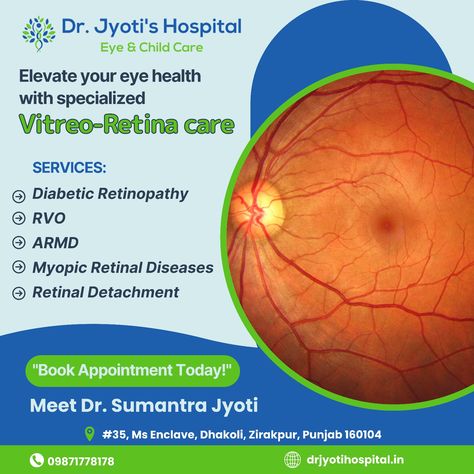 See the world through new eyes! 👁️ Our state-of-the-art vitreoretinal care is here to help you regain your vision and improve your quality of life. Don't let eye issues hold you back – schedule your consultation today! Dr. Jyoti's Hospital (Eye and Child Care) Mob:7696959935 Mail:info@drjyotihospital.com Web: https://drjyotihospital.in/ Address:#35, Ms Enclave, Dhakoli, Zirakpur, Punjab 160104 #EyeCare #HealthyEyes #EyeHealth #VitreoretinalCare Doctor Aesthetic, Eye Care Center, Healthy Eyes, Eye Doctor, Laser Therapy, Medical Field, Child Care, The Vision, Eye Health