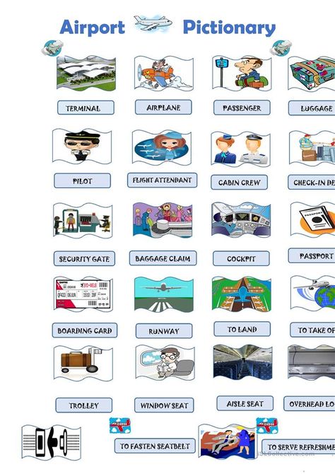 Airport - Pictionary - English ESL Worksheets for distance learning and physical classrooms Airport Phrases, English For Tourism, Speaking Activities Esl, Travel English, English Grammar Worksheets, English Vocab, English Activities, English Tips, English Idioms