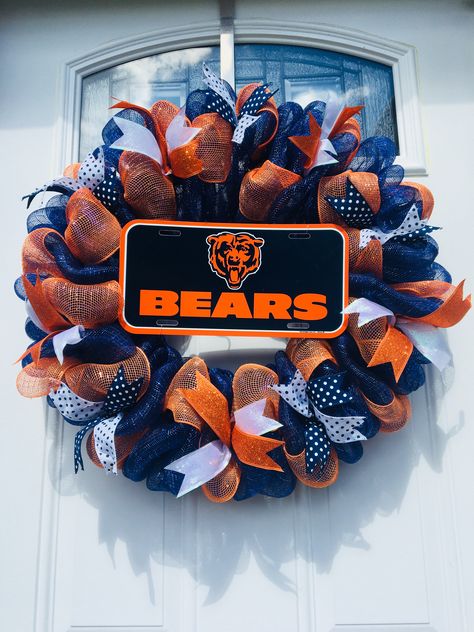 Chicago Bears deco mesh wreath Chicago Bears Wreath Diy, Chicago Bears Diy Crafts, Chicago Bears Christmas Tree, Diy Chicago Bears Decor, Cleveland Browns Wreath, Chicago Bears Wreath, Football Shaped Wreath, Chicago Bears Decor, Chicago Bears Home Decor