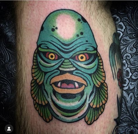 Creature From The Black Lagoon Tattoo Traditional, Frankenstein Tattoo Traditional, Black Lagoon Tattoo, Universal Monsters Tattoo, Monsters Tattoo, Lagoon Tattoo, Cruz Tattoo, Monster Tattoo, Creature From The Black Lagoon