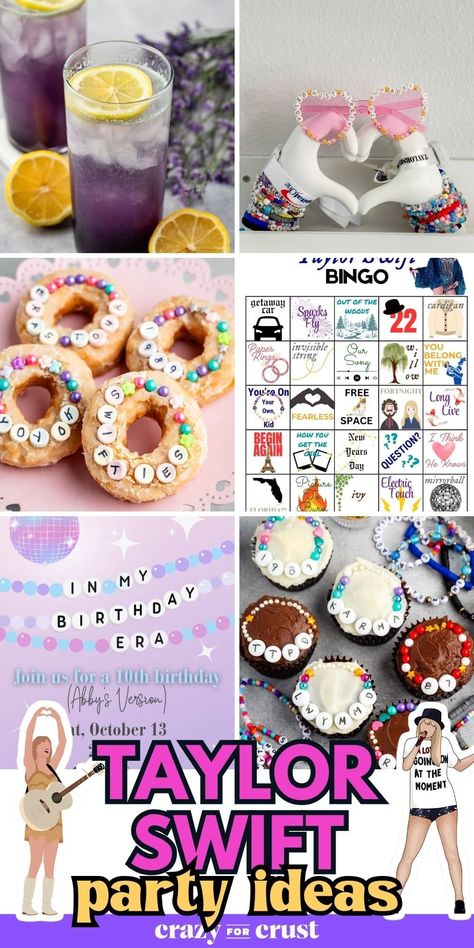 Throw a Taylor Swift party for any occasion - an Eras Tour Party or just a birthday party - themed food ideas, decorations, DIY, and FREE printable games and invitations! 13 Taylor Swift Birthday, Taylor Swift 11th Birthday Party Ideas, Taylor Swift 8th Birthday Party Ideas, Taylor Swift Kid Birthday Party, Eras Themed Party Food, Taylor Swift Themed Birthday Party Food, Taylor Swift Party Games Kids, Eras Party Ideas, Taylor Swift Eras Tour Party Ideas