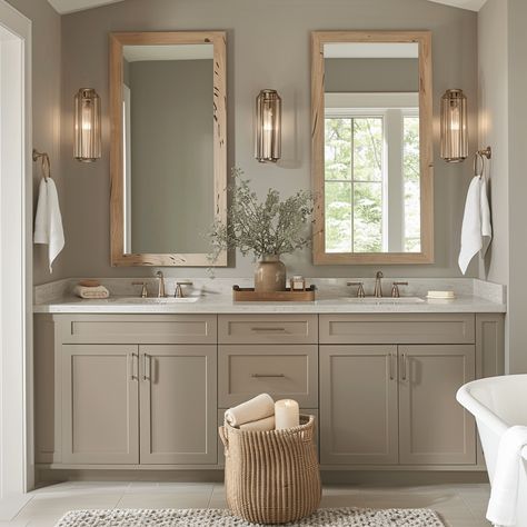 Modern Traditional Bathroom Design, White And Tan Bathroom Ideas, Taupe Cabinets Bathroom, Tan Bathroom Cabinets, Tan Bathroom Vanity, Taupe Bathroom Cabinets, Rustic Guest Bathroom, Beige Bathroom Vanity, Taupe Bathroom Ideas