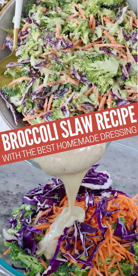 Make the best Broccoli Slaw, with a creamy mayonnaise and vinegar dressing, that's both sweet and tangy! This quick and easy 10 minute recipe is the perfect summer bbq side dish. Uses For Broccoli Slaw, Dressing For Broccoli Slaw Salad, Dressing For Broccoli Slaw, Recipes With Broccoli Slaw, Summer Slaw Recipe, Broccoli Slaw Dressing, Broccoli Slaw Recipe, Broccoli Cole Slaw, Tangy Slaw