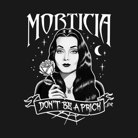 Check out this awesome 'Morticia Addams' design on @TeePublic! Rosé Halloween, Gomez And Morticia, Gothic Rose, Gothic Wallpaper, Morticia Addams, Vintage Horror, Addams Family, Halloween Stickers, Halloween Svg