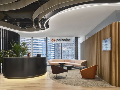 Palo Alto Networks Offices - Singapore Office Waiting Lounge, Office Lobby Design Waiting Area, Waiting Lounge, Office Lobby Design, Office Technology, Lobby Lighting, Reception Waiting, Acoustic Ceiling Panels, Davis Furniture