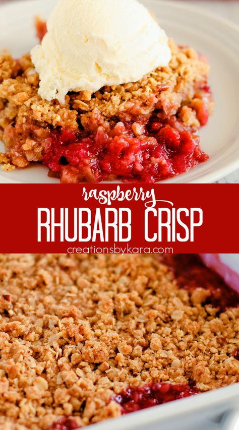 Juicy Raspberry Rhubarb Crisp topped with buttery oat topping is a perfect summer dessert. It's hard to beat with a scoop of vanilla ice cream! #rhubarbcrisp #raspberryrhubarbcrisp #rhubarb #easyrhubarbcrisp -Creations by Kara Rhubarb Crisp Recipe, Raspberry Crisp, Rhubarb Recipes Crisp, Raspberry Rhubarb, Rhubarb Crisp, Fruit Crisp, Impressive Recipes, Magic Recipe, Crisp Recipe