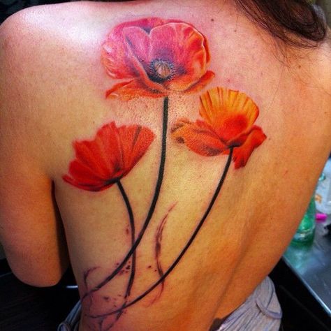 Beautiful red poppies tattoo on back Watercolor Poppy Tattoo, Red Poppy Tattoo, California Poppy Tattoo, Nikko Hurtado, Poppy Flower Tattoo, Tattoo Son, Poppy Tattoo, Flower Tattoo Meanings, Flower Tattoo Back