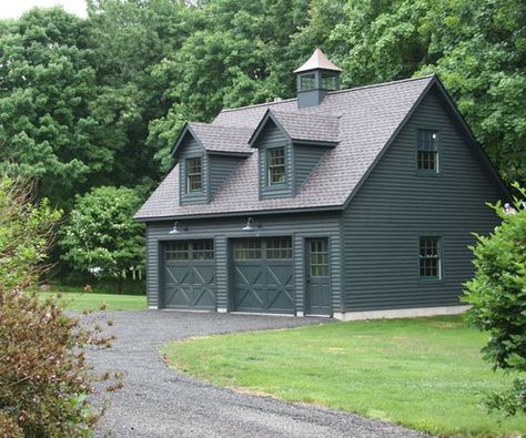 22' x 28' Elite Cape Garage with Painted Cedar Clapboard siding, 2 Gabled dormers, Custom Carriage style overhead doors with glass, Extra windows, Window upgrades, Cupola and Custom finishing by homeowner. Cedar Clapboard Siding, Gladiator Garage, Carriage House Garage, Garage Door Types, Clapboard Siding, Garage Addition, Garage Door Makeover, Garage Door Design, Garage Remodel