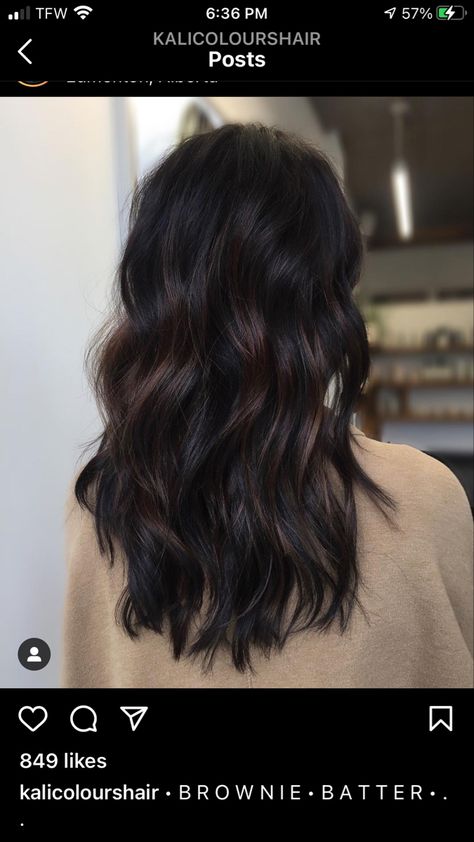 Black And Brunette Balayage, Haircuts For Medium Hair Long Layers, Dark Brown Black Balayage, Dark Cocoa Balayage, Dark Brunette Hair With Burgundy, Winter Balayage Dark Hair, Burnett Balayage Fall, Black With Dimension Hair, Mocha Hair Color Dark