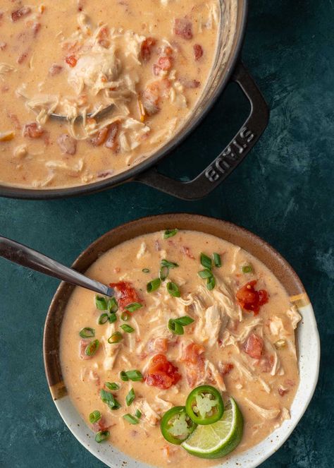 an overhead shot of a creamy chicken soup Chicken Tomato Soup, Rotel Chicken, Keto Eating, Creamy Chicken Soup, Crockpot Cooking, Keto Soup, Low Carb Soup, Tomato And Cheese, Fire Roasted Tomatoes